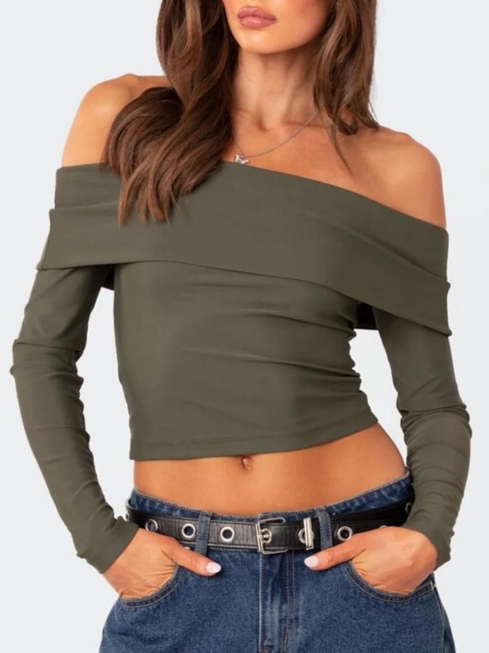 art class Olive Off-Shoulder Long Sleeve Crop Top